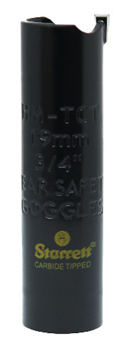 Svart hålsåg med texten "19mm" och "Starrett Carbide Tipped" i gul och vit text.