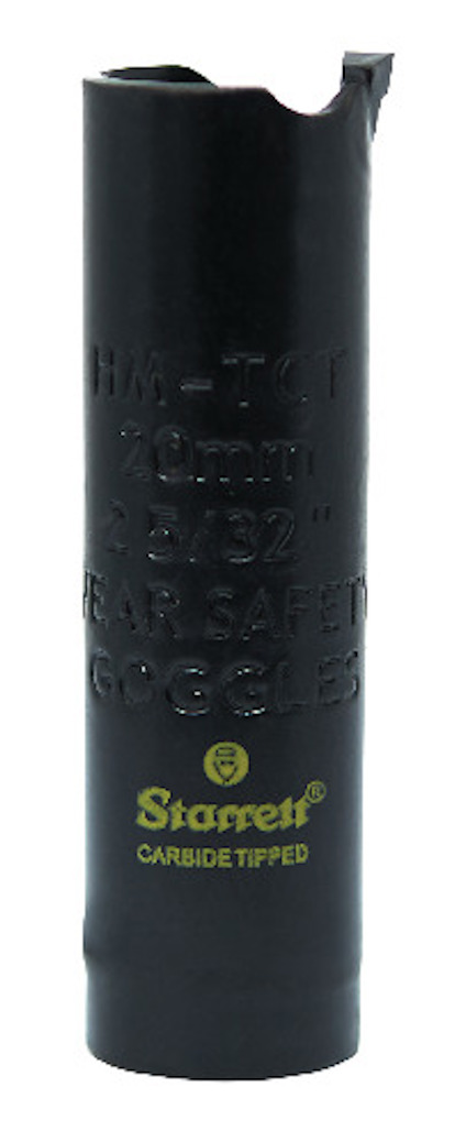 Cylindrisk svart hålsåg med text; "HM-TCT 20mm, 25/32, WEAR SAFETY GOGGLES" och "Starrett CARBIDE TIPPED" i guld.
