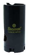 Svart cylindersåg märkt "Starrett Carbide Tipped" med tandad kant och flera öppningar.