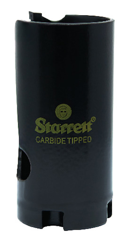 Svart cylindersåg märkt "Starrett Carbide Tipped" med tandad kant och flera öppningar.