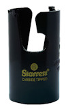 Hålsåg med svart yta och gul text "Starrett Carbide Tipped" samt företagets logotyp.