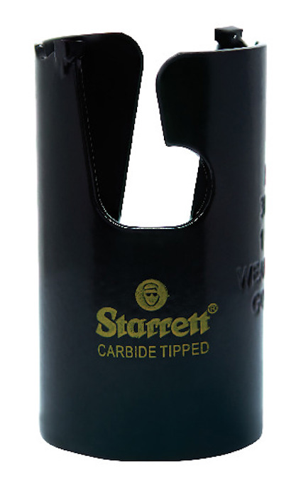 Hålsåg med svart yta och gul text "Starrett Carbide Tipped" samt företagets logotyp.