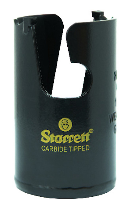 Cylindrisk svart hålsåg med texten "Starrett Carbide Tipped" i gult.