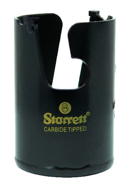 Svart hålsåg med karbidtandning och Starrett-logotyp i gult på sidan.