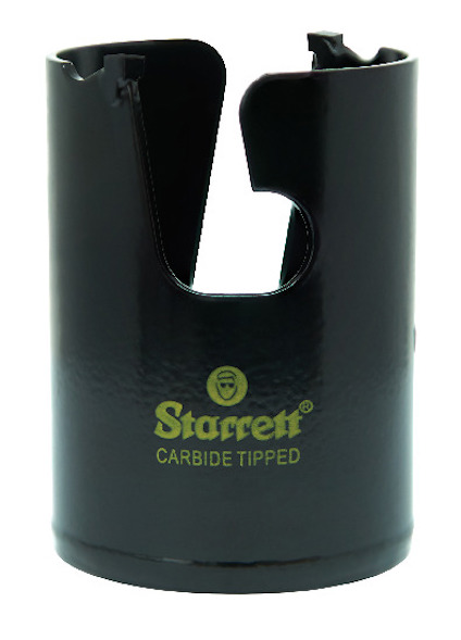 Svart, cylindrisk hålsåg med märket Starrett och texten "CARBIDE TIPPED" i gult.
