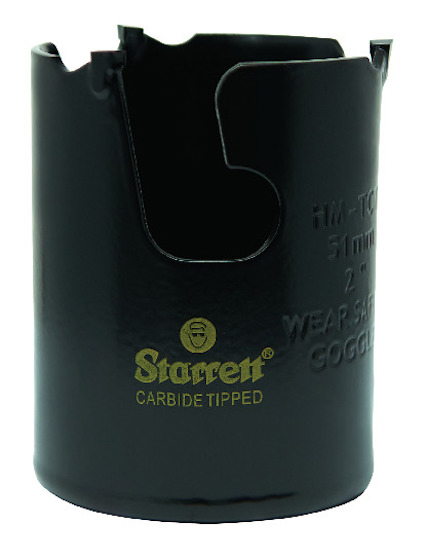 Svart cylindersåg med texten "Starrett Carbide Tipped" och säkerhetsinstruktioner på sidan.
