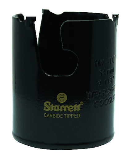 Svart hålsåg med tänder och inskriptioner, inklusive "Starrett" och "Carbide Tipped".