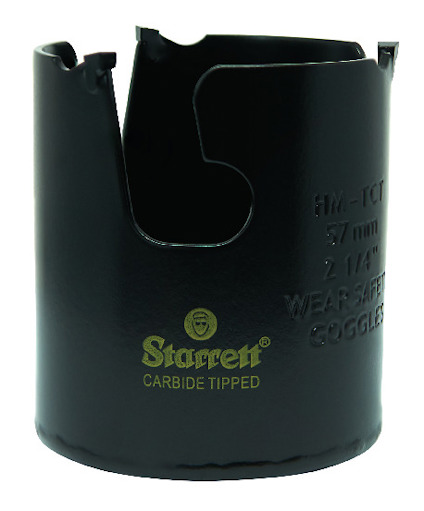 Svart hållsåg med gul text "Starrett Carbide Tipped 57 mm" och "Wear Safety Goggles" tryckt på sidan.