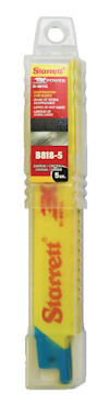 Förpackning med tigersågblad från Starrett, innehåller fem guldfärgade blad med röd logotyp och etikett.