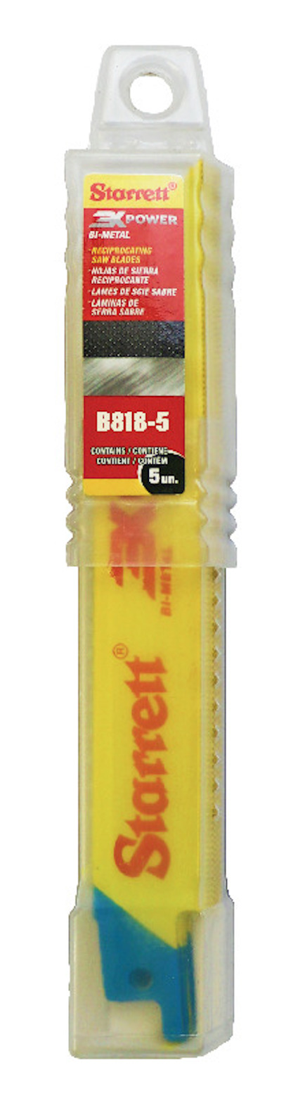 Förpackning med tigersågblad från Starrett, innehåller fem guldfärgade blad med röd logotyp och etikett.