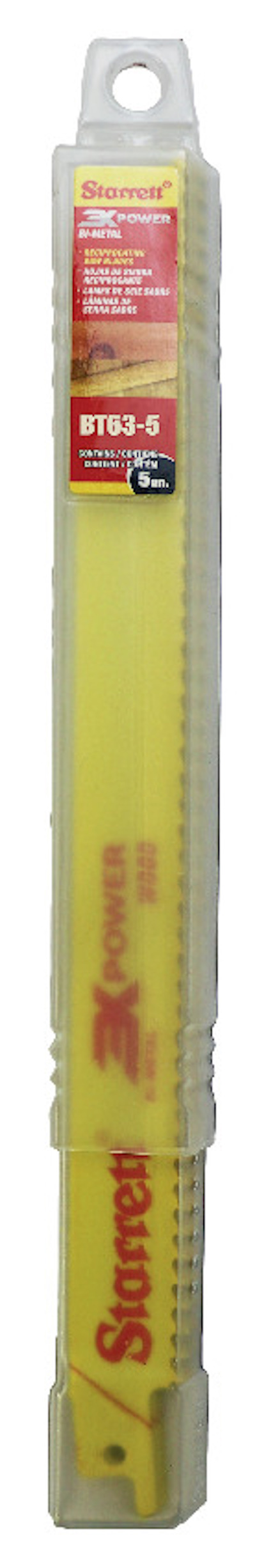Förpackning med gula tigersågblad i plastförpackning från varumärket Starrett, modell BT63-5.