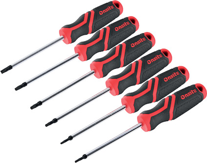 Sex Torx-skruvmejslar med röd och svart handtag, placerade i rad.