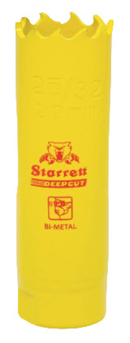 Gul hålsåg i bimetall med texten "Starrett DEEPCUT BI-METAL" och en röd logotyp.