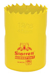 Gul hålsåg med tandad kant och tryckt text: "19/16 40mm, Starrett DEEPCUT, BI-METAL".