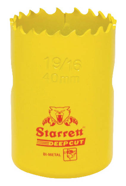 Gul hålsåg med tandad kant och tryckt text: "19/16 40mm, Starrett DEEPCUT, BI-METAL".