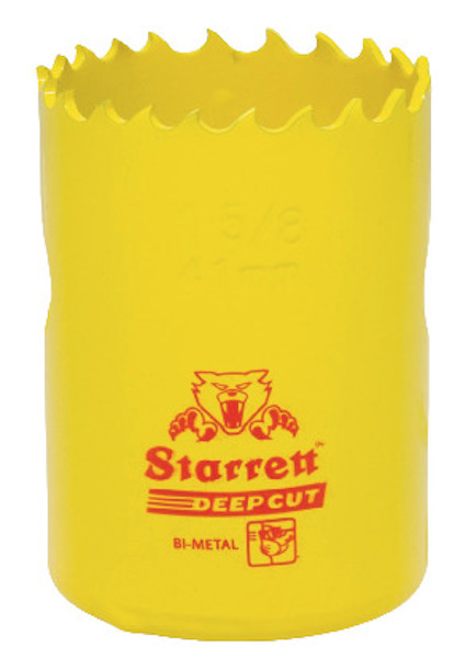 Gul hålsåg i bimetall med tandad kant, märkt "Starrett DEEPCUT BI-METAL" i rött.