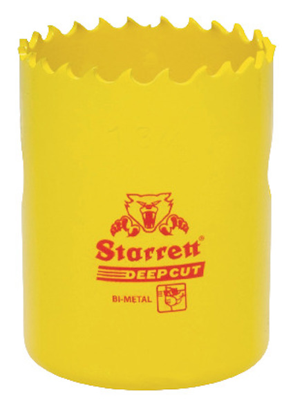 Gul bimetall hålsåg med texten "Starrett Deepcut" i röd färg. Sågen har en tandad kant.
