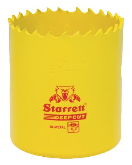Gul bimetall hålsåg med tandad kant, märkt "Starrett Deepcut" och en tigersymbol.