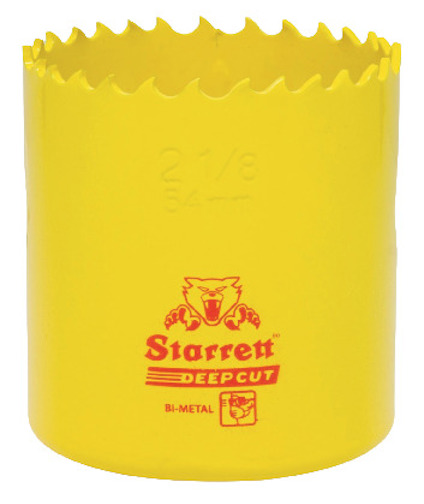 Gul hålsåg med tandad kant och texten "Starrett Deepcut Bi-Metal" tryckt på sidan.