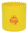Gul hålsåg med taggiga kanter och röd märkning med texten "Starrett DEEPCUT BI-METAL".
