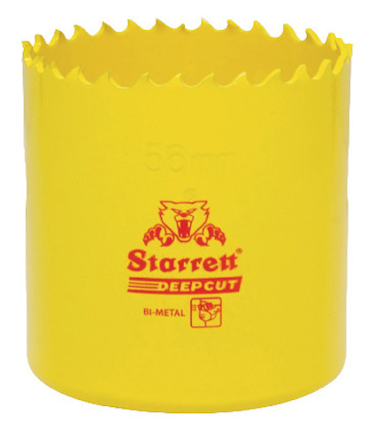 Gul hålsåg med taggiga kanter och röd märkning med texten "Starrett DEEPCUT BI-METAL".