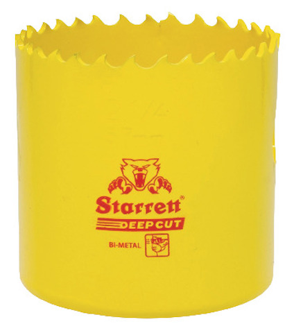 Gul bimetall hålsåg med taggiga kanter och texten "Starrett Deepcut".