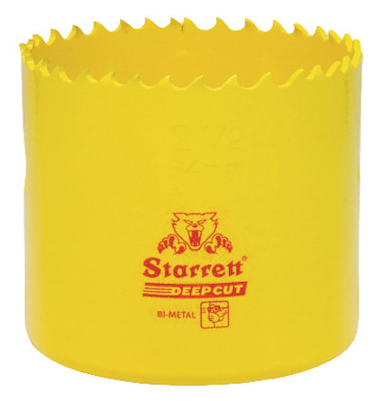 Gul hålsåg i bimetall med tandad kant, märkt "Starrett Deepcut".