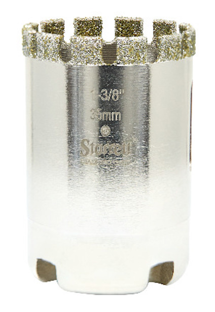 Silverfärgad cylindrisk borr med diamantbelagda tänder och texten "1-3/8", "35mm", "Stonet" synlig.