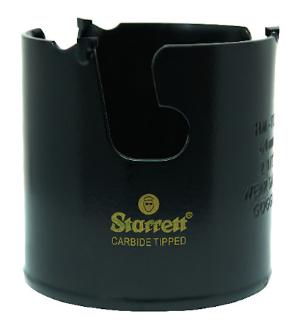 Svart hålsåg med guldfärgad text "Starrett Carbide Tipped" och utskurna tänder i överkanten.