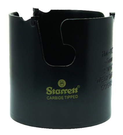 Svart, cylindrisk hålsåg med texten "Starrett Carbide Tipped" tryckt i gult.