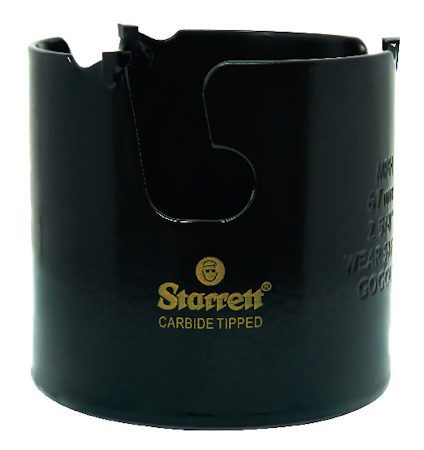 Cylindrisk svart hålsåg med guldfärgad logotyp och texten "Starrett CARBIDE TIPPED".