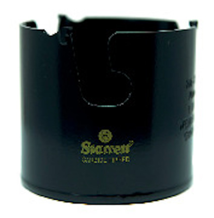 Svart hålsåg med utskuret sidospår och text "Starrett Carbide Tipped" i guldfärg.