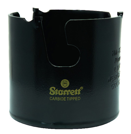 Svart hålsåg med karbidspetsar och texten "Starrett CARBIDE TIPPED" tryckt i gult.