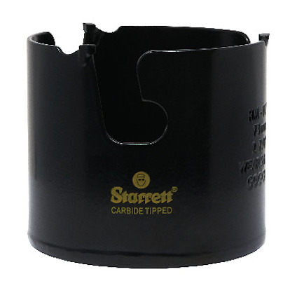 Svart hålsåg med karbidspetsar och texten "Starrett Carbide Tipped" i gult på sidan.