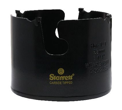 Cylindrisk hålsåg i metall med tänder och text "Starrett Carbide Tipped" tryckt på sidan.
