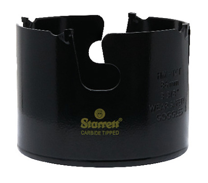 Svart, rund hålsåg med skärkant och texten "CARBIDE TIPPED" samt "WEAR SAFETY GOGGLES" på sidan.