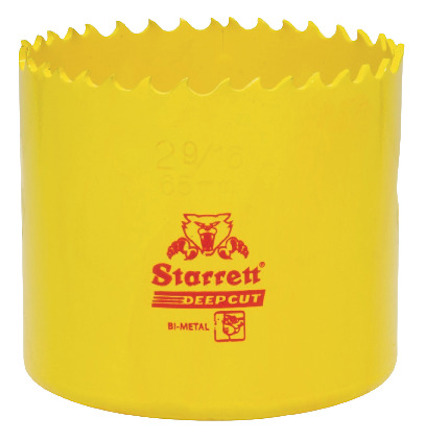 Gul hålsåg i bimetall med tandad kant och märkning "Starrett DEEPCUT BI-METAL" i röd text.
