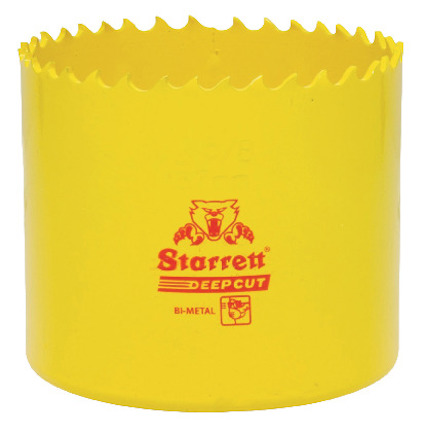 Hålsåg i gult med sågblad i metall och en logotyp i rött med texten "Starrett DEEPCUT BI-METAL".