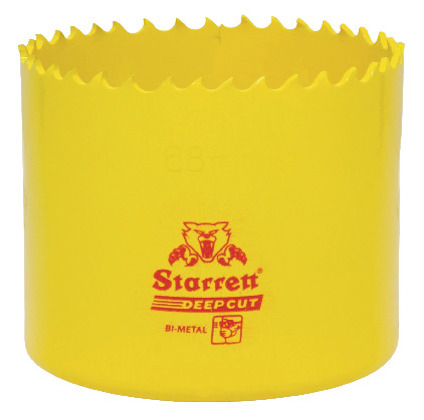 Gul hålsåg i bimetall med skärande tänder och texten "Starrett Deepcut".