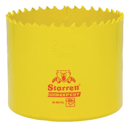Gul hålsåg i bimetall med tandad kant och texten "Starrett DEEP CUT BI-METAL".