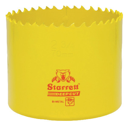 Gul hålsåg med bimetall-tänder och texten "Starrett Deep Cut Bi-Metal" på sidan.