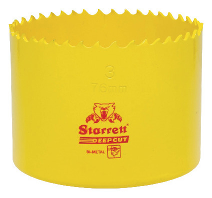 Gul hålsåg med tandad kant, text "Starrett DEEPCUT BI-METAL" tryckt på sidan i rött.