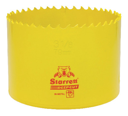 Gul hålsåg med tandad kant, märkningen "Starrett Deep Cut BI-METAL" synlig på sidan.