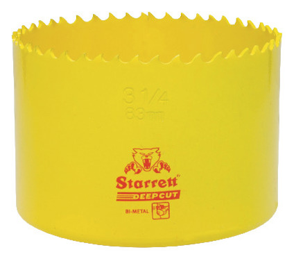 Gul hålsåg i bimetall med tandad kant, text "3 1/4 83 mm" och "Starrett DEEP CUT" i röd färg.