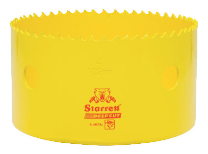 Gul, cylindrisk hålsåg i metall med tandad kant och logotypen "Starrett DEEPCUT BI-METAL" i rött.