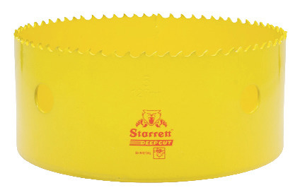 Gul hålsåg av metall med tandad kant och tryckt text: "Starrett Deepcut Bi-Metal".