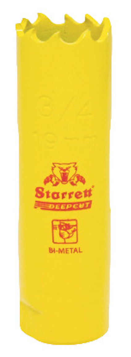 Gul hålsåg med tandad kant och texten "Starrett DEEPCUT BI-METAL" i rött och svart.
