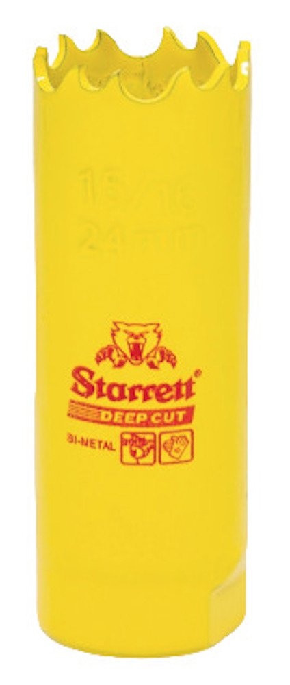 Gul hålsåg av bimetall med röd Starrett-logotyp och texten "Deep Cut". Sågen har en tandad kant upptill.