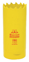 Gul hålsåg bimetall med tandat skär, märkt med "Starrett Deepcut" och "Bi-Metal".