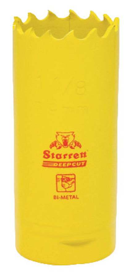Gul hålsåg bimetall med tandat skär, märkt med "Starrett Deepcut" och "Bi-Metal".